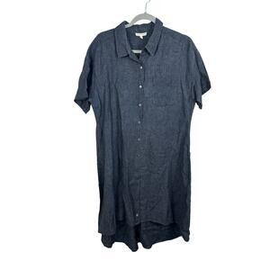 EILEEN FISHER Organic Linen Shirt Dress Blue Denim Button Front Hi-Low Medium